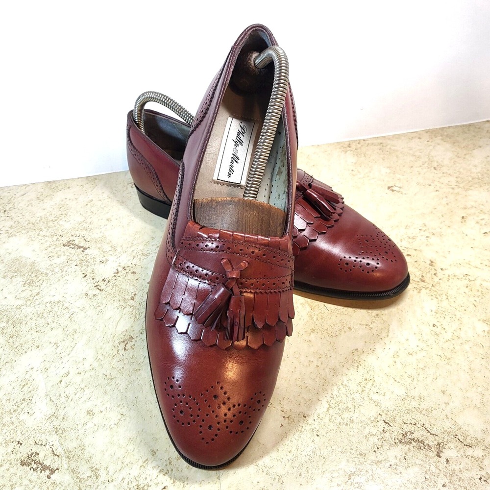 Phillip Martin Kiltie Tassel Broguing Mahogany Leather Loafer Almond Toe 10 1/2M